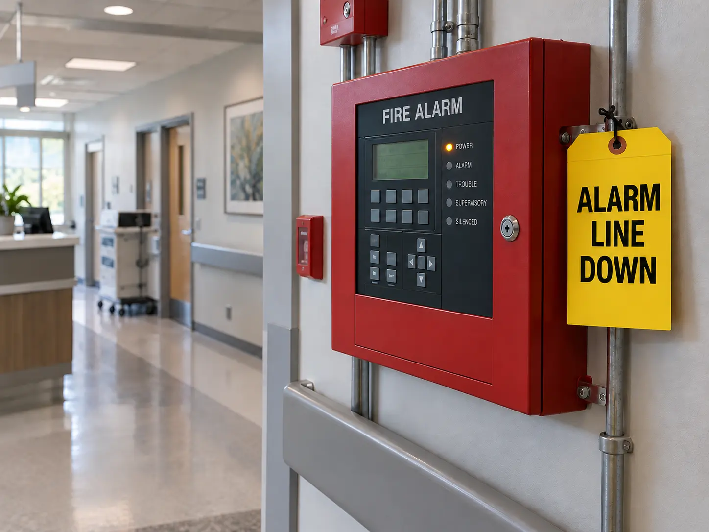 Illustrative fire alarm panel with a yellow Alarm Line Down tag