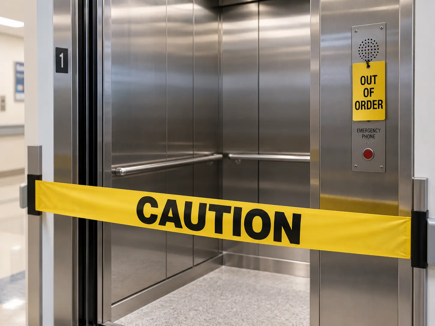 Illustrative elevator with yellow caution tape and an Out of Order tag on its emergency phone